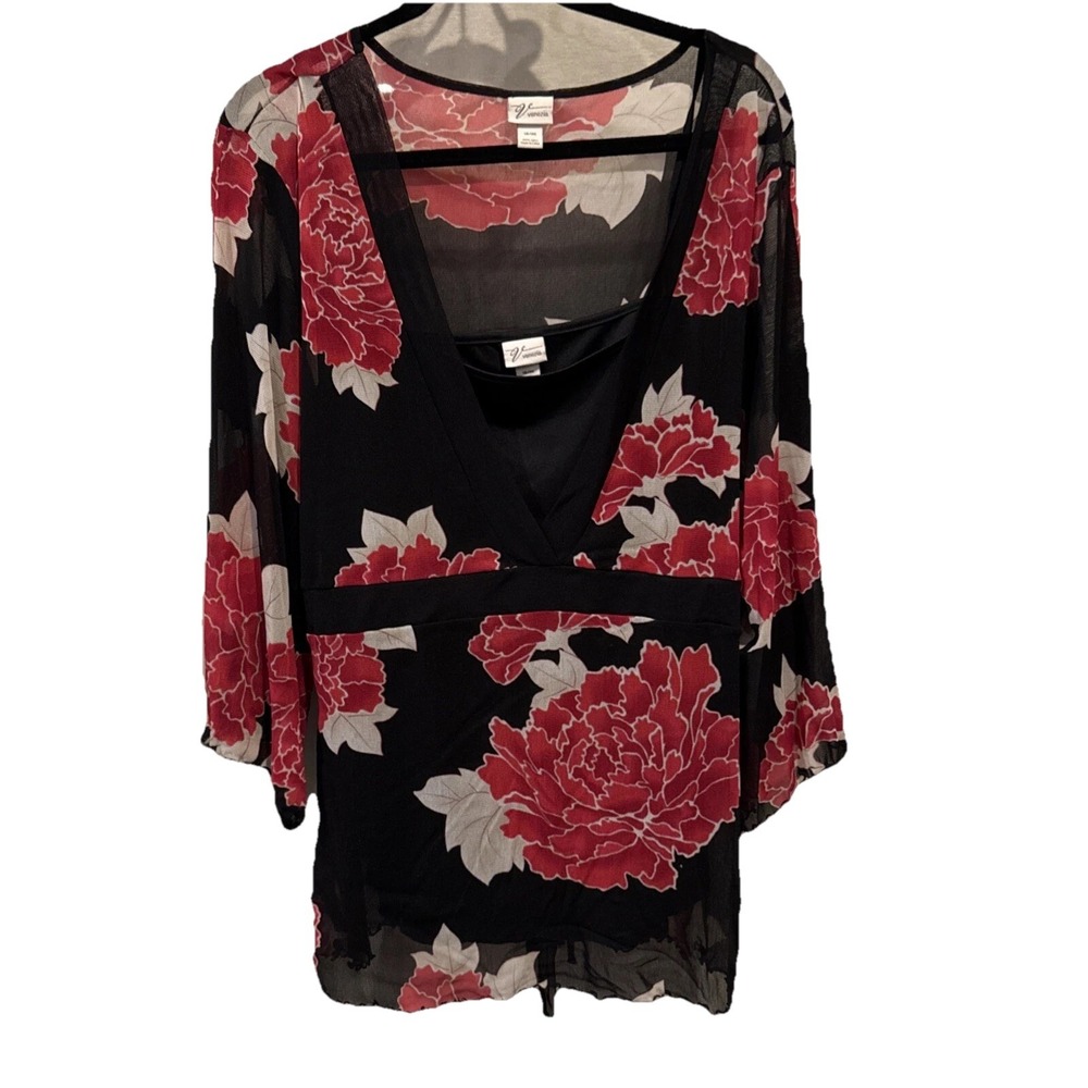 Venezia Womens 18/20 Black Red Floral Sheer Tunic Blouse Attached Tank Plus